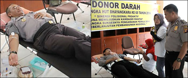 Suasana kegiatan donor darah dalam rangka menyambut HUT Bhayangkara ke-68 di Mapolres Kukar, Tenggarong, Rabu (25/06) kemarin