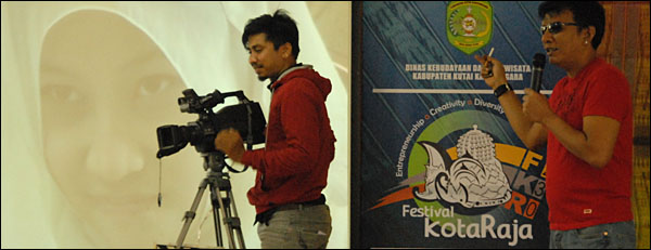 Sutradara John De Rantau (kanan) didampingi Raysha Daud saat memberikan materi tentang teknik pengambilan gambar dalam film pada workshop tahun lalu