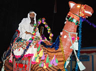 Seorang warga tampil mengenakan kostum khas Arab dengan menunggang unta